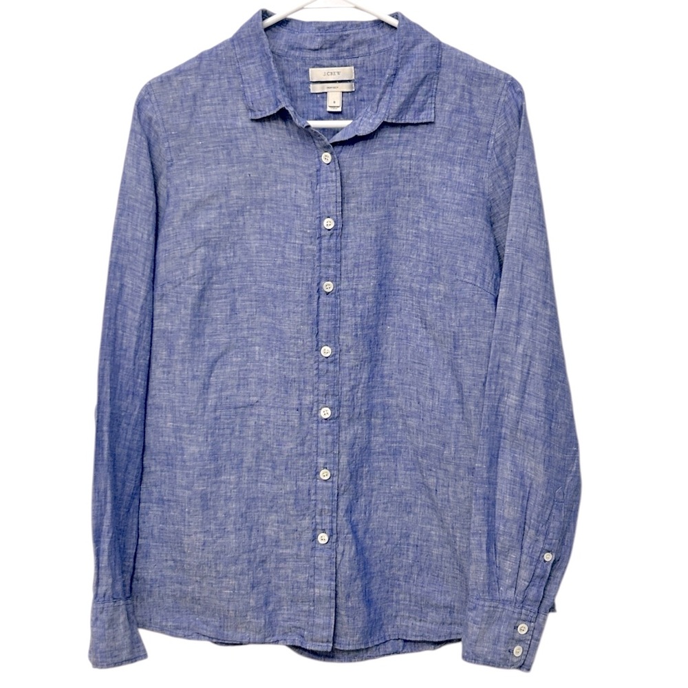 J. Crew Perfect Linen Button Up Shirt Women’s 8 Blue Periwinkle Long Sleeve